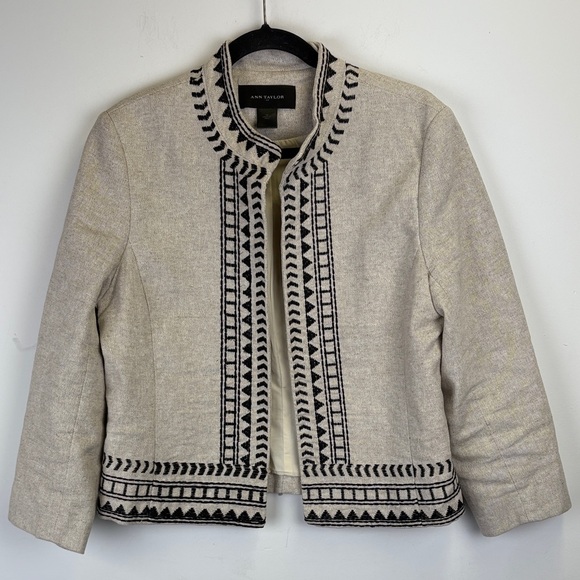 Ann Taylor Jackets & Blazers - Ann Taylor Linen Blend Open front Blazer Jacket Aztec Embroidered Size 10